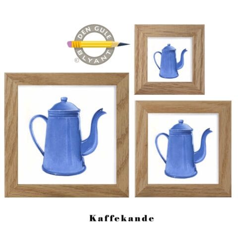 Akvarel af den velkendte Madam Blå kaffekande i blå emalje med rund form og buet hank.